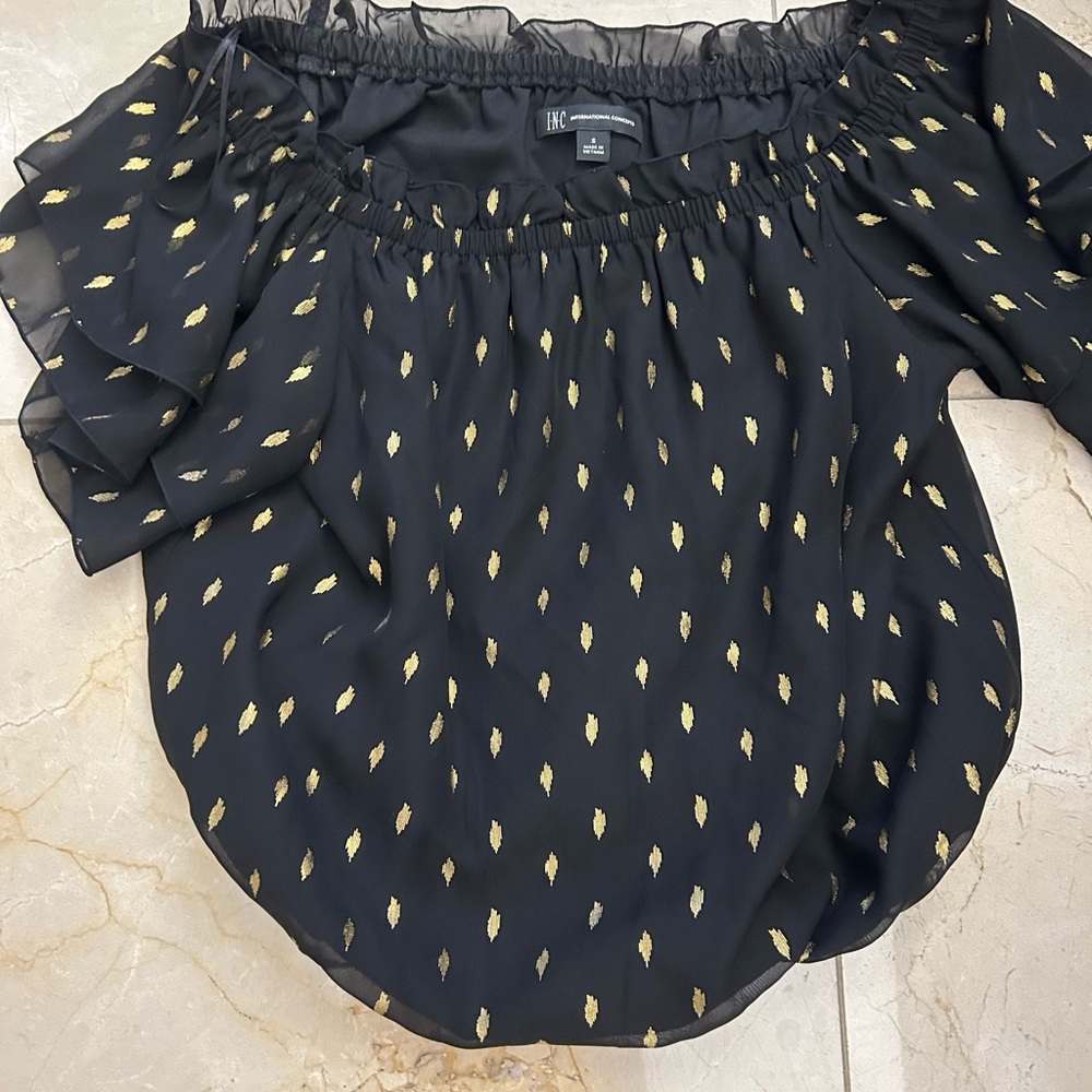 INC International Concepts Black Blouse with Gold Metallic Accents Small